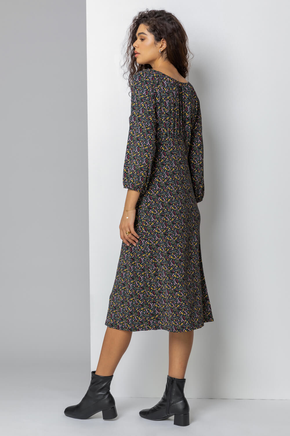Black Ditsy Floral Print Button Dress