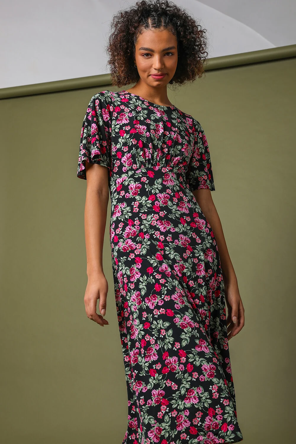 Black Floral Curved Waist Midi Dress