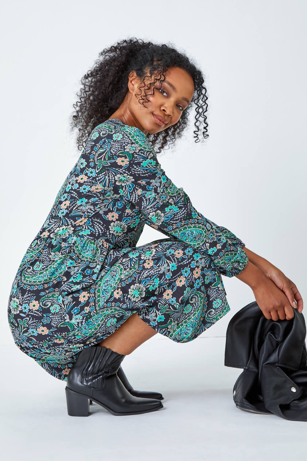 Black Petite Paisley Tiered Stretch Dress