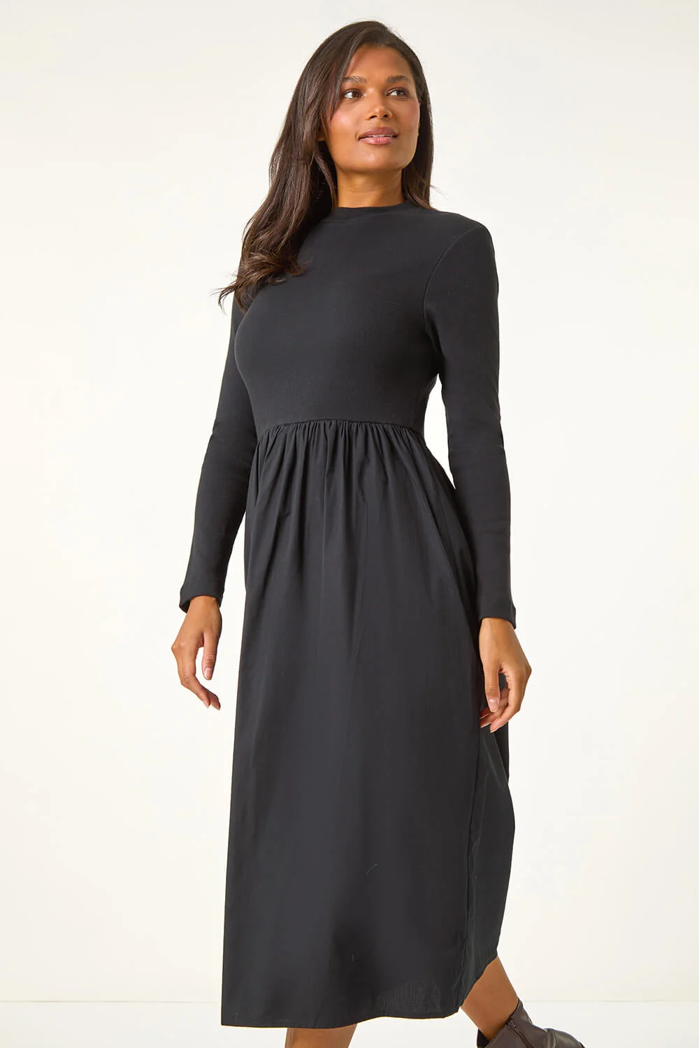 Black Cotton Stretch Jersey Mix Midi Dress