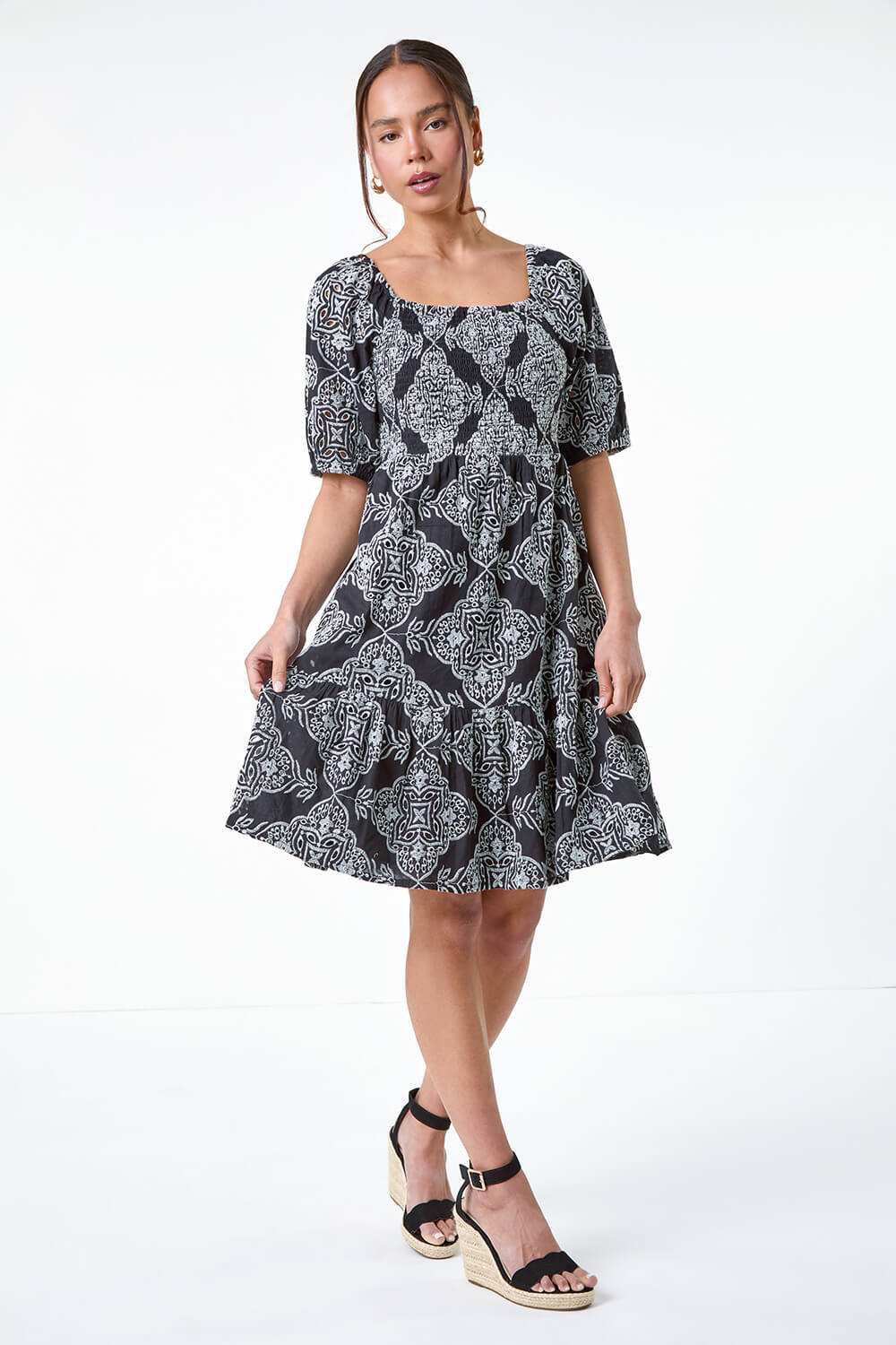 Black Petite Embroidered Cotton Tiered Dress