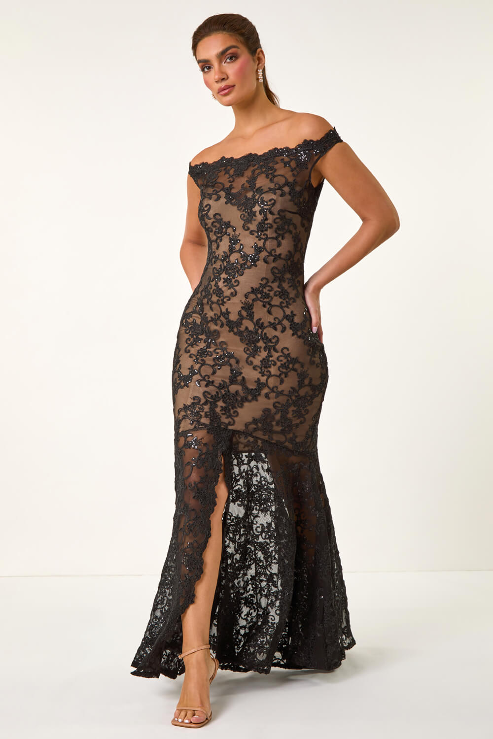 Black Lace Scallop Edge Front Split Maxi Dress