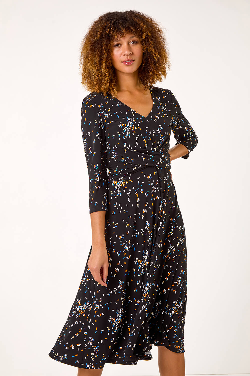 Black Confetti Print Twist Midi Dress