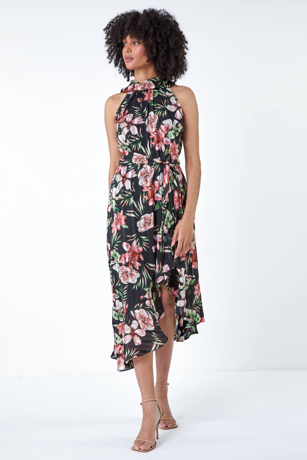Black Metallic Foil Floral Halter Neck Midi Dress