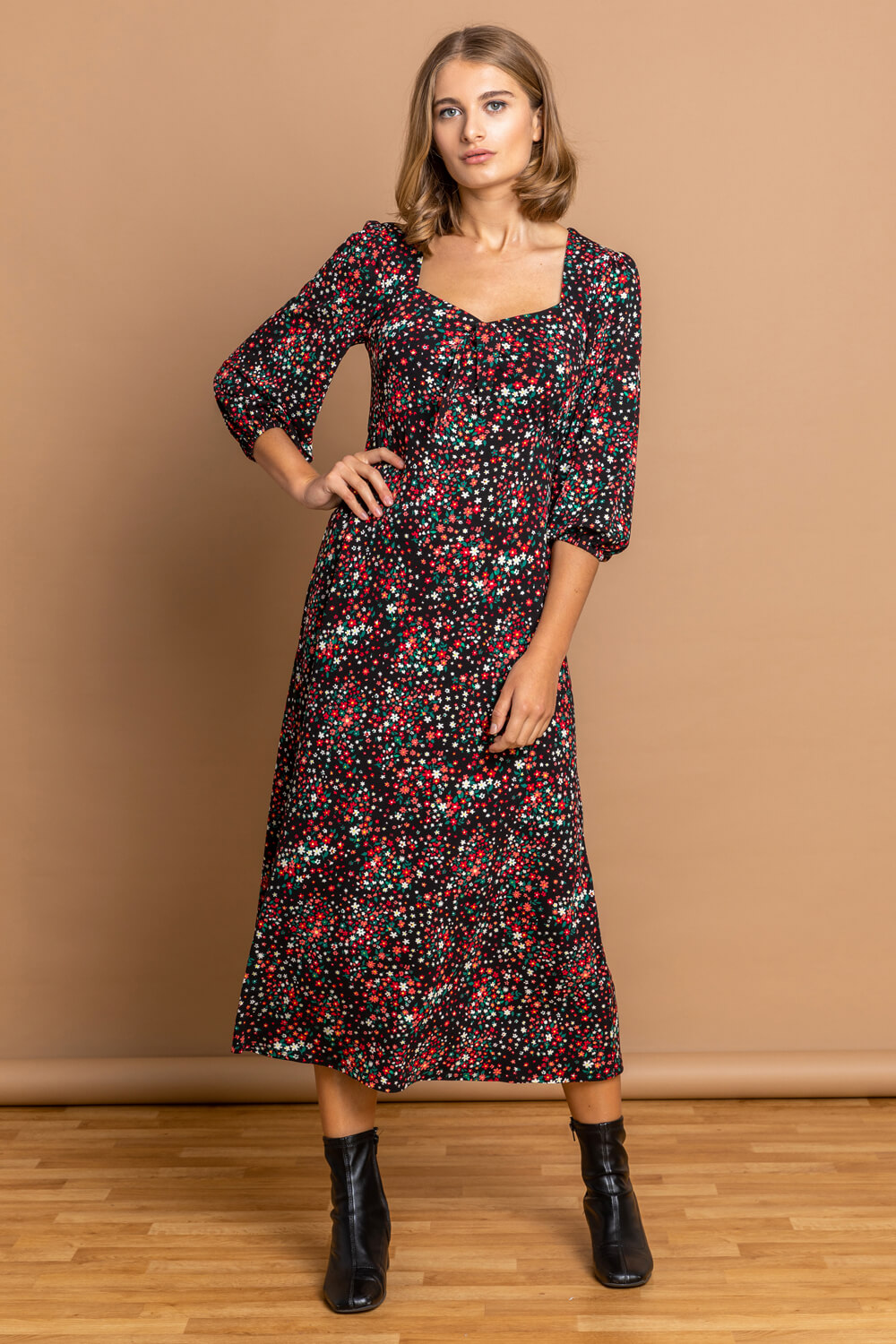 Black Ditsy Floral Tie Front Midi Dress