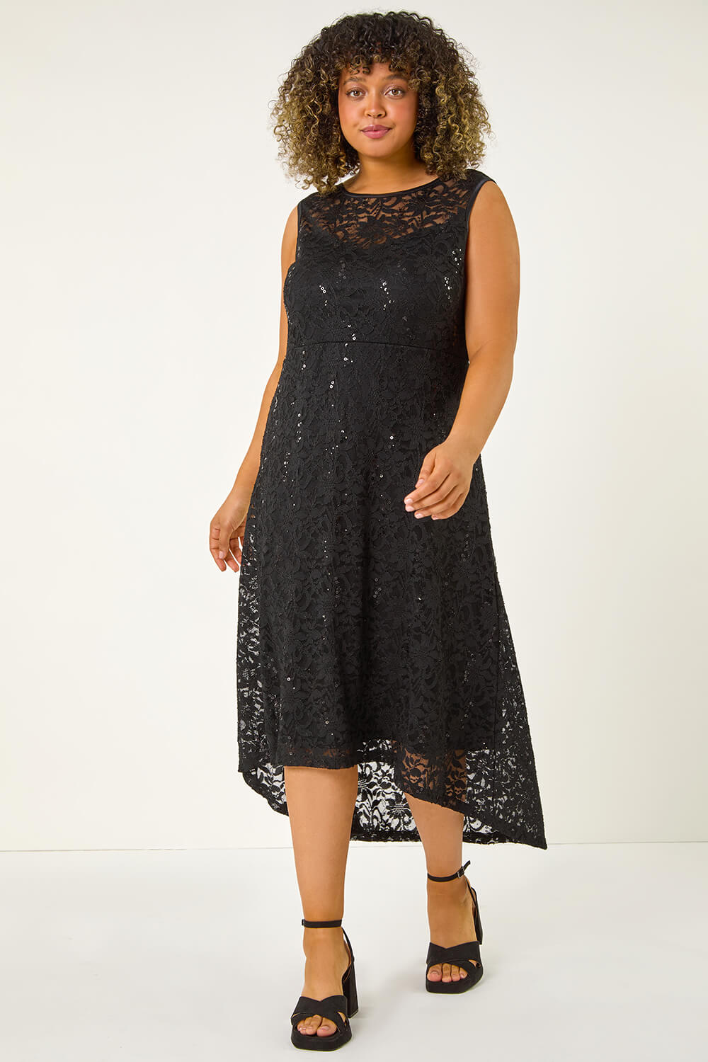 Black Curve Sequin Lace Sweetheart Dress