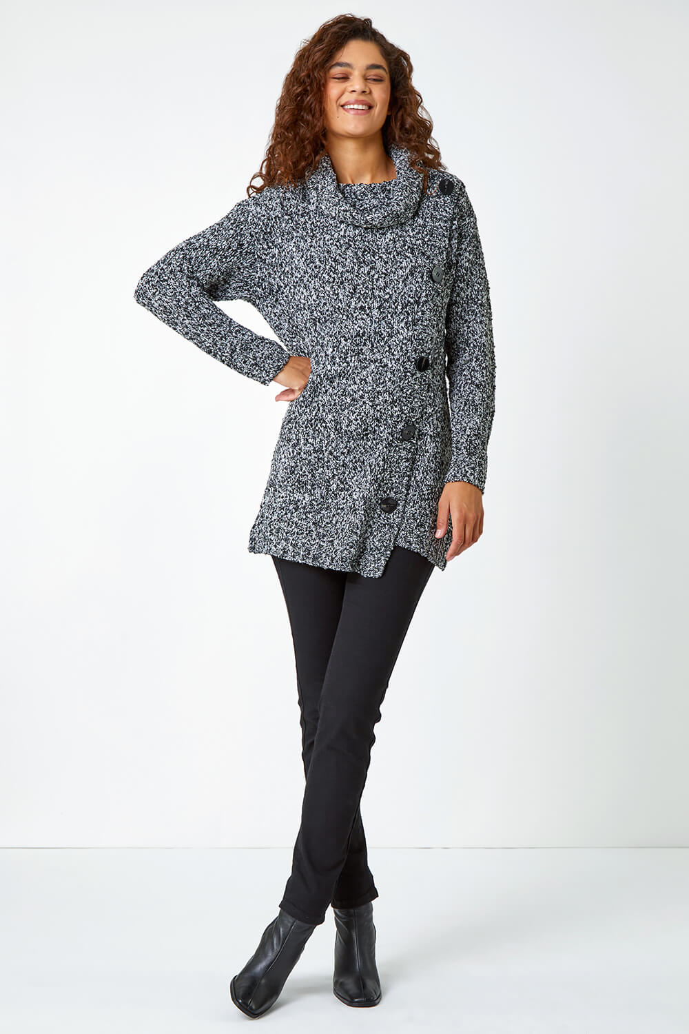 Black Roll Neck Button Detail Longline Jumper