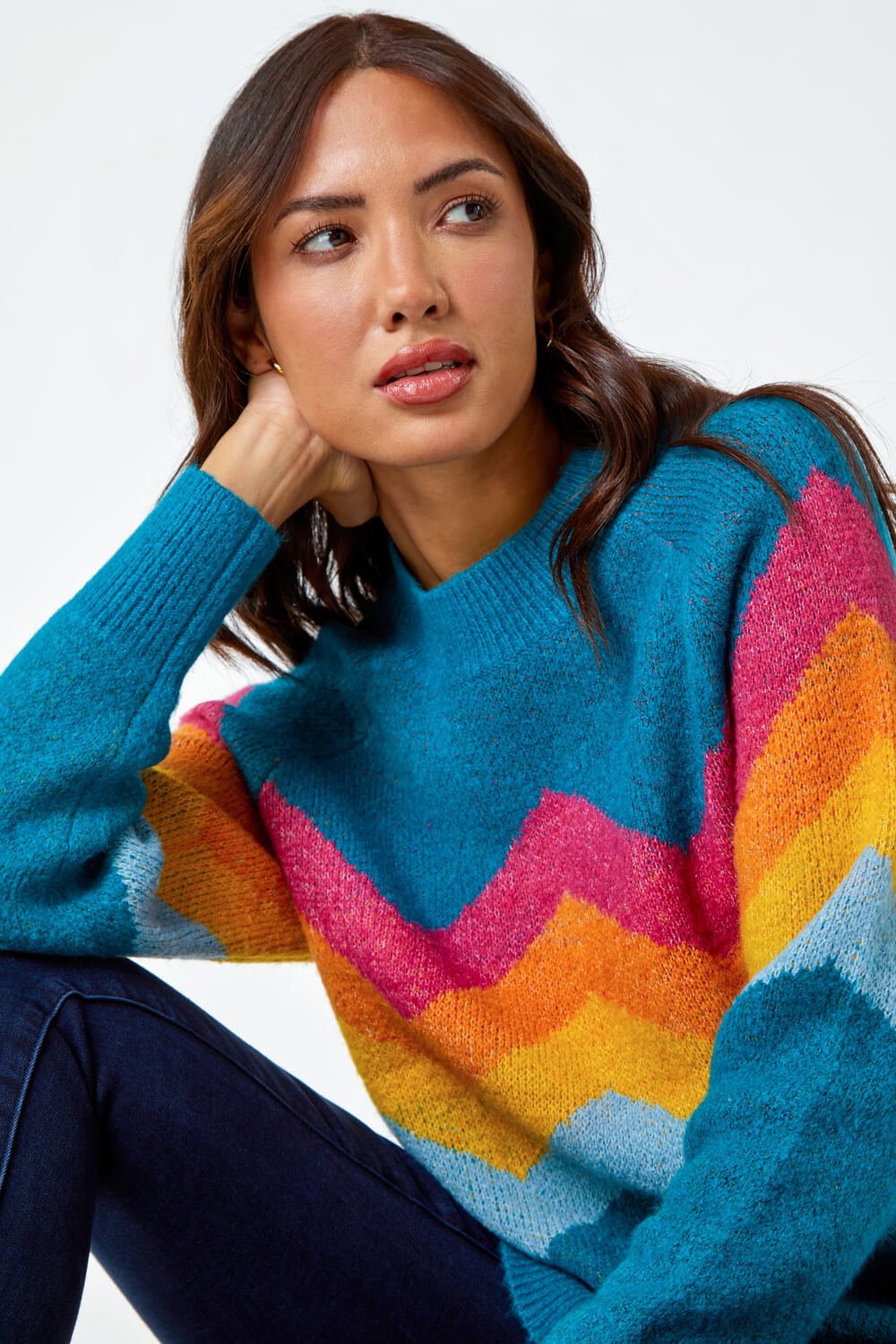Teal Chevron Print Stretch Jumper