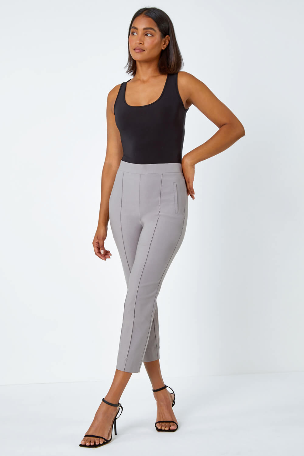 Taupe Seam Detail Elastic Waist Cropped Trousers