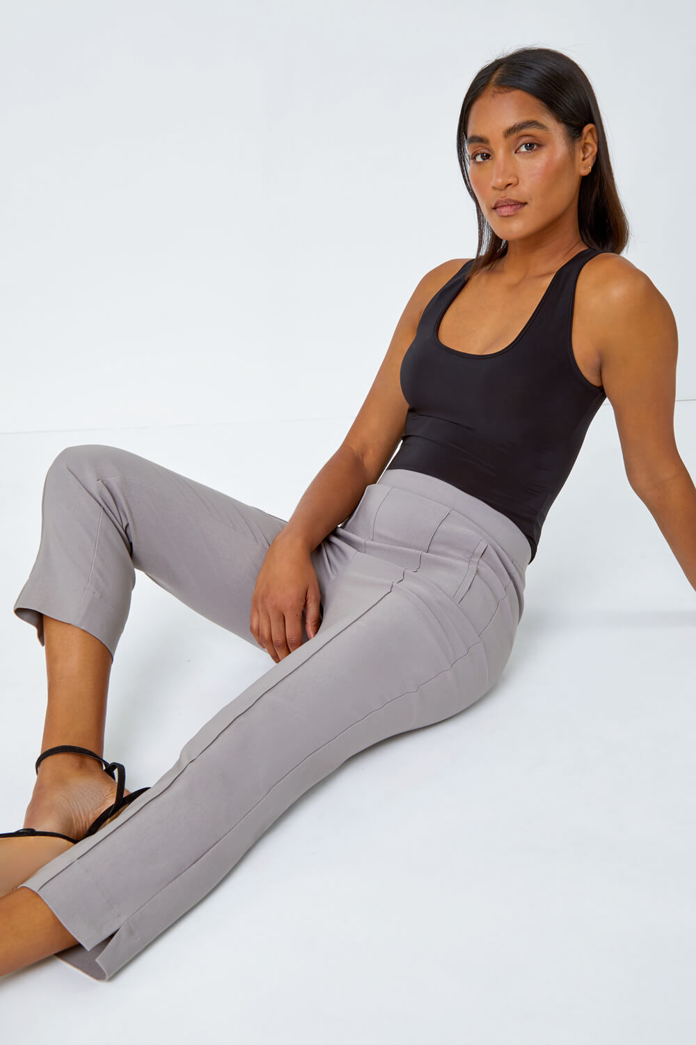 Taupe Seam Detail Elastic Waist Cropped Trousers