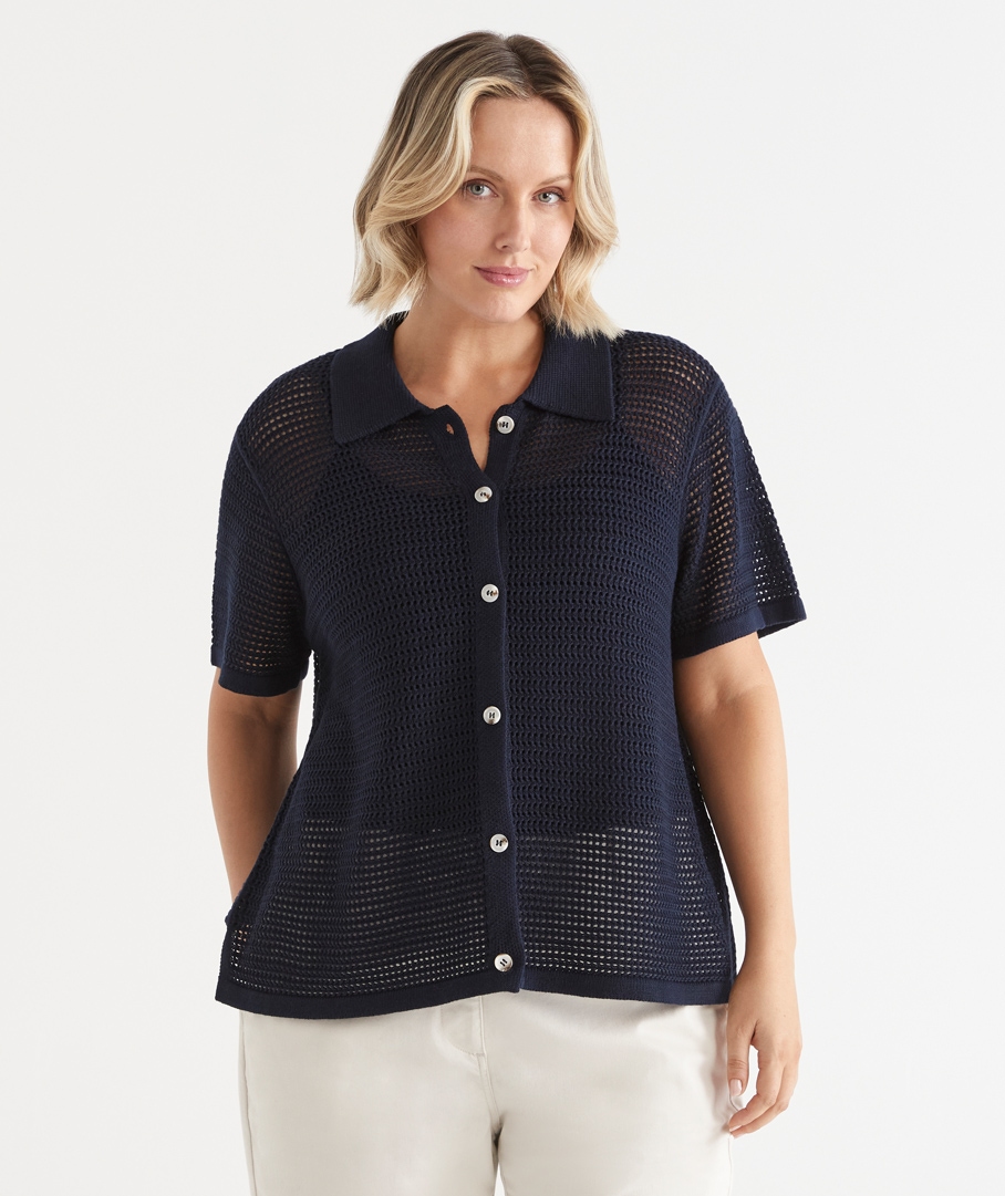Knit Pointelle Polo Top