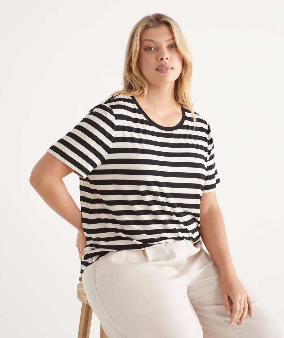 Stripe Pleat Back Tee - Black/Natural