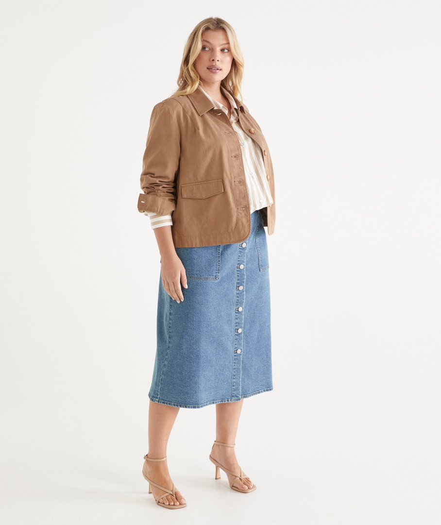 Button Through Denim Midi Skirt