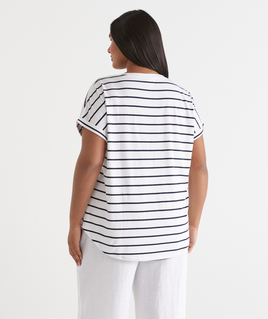 Extended Roll Cuff Stripe Tee - Navy
