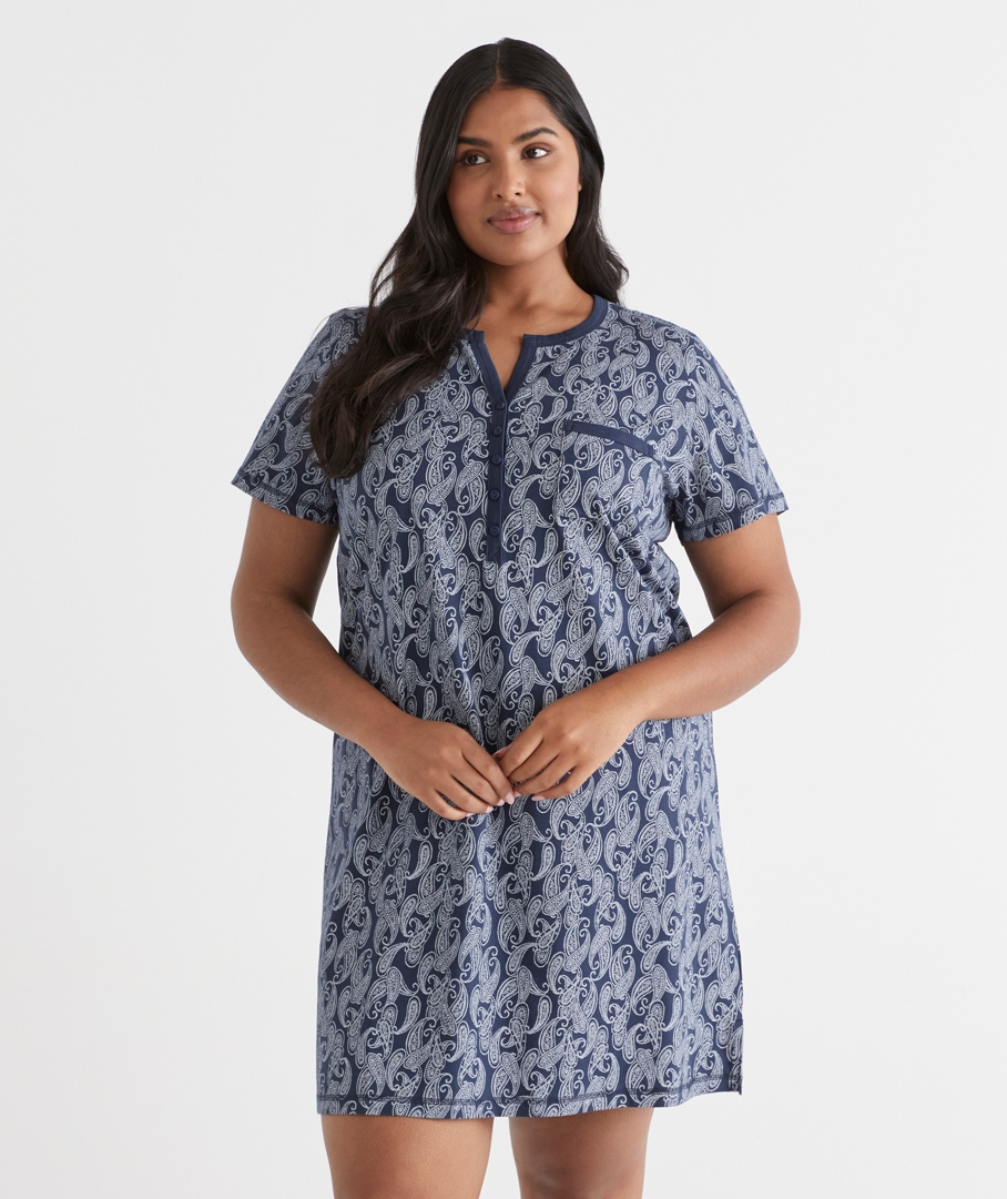 Short Sleeve Paisley Placket Nightie
