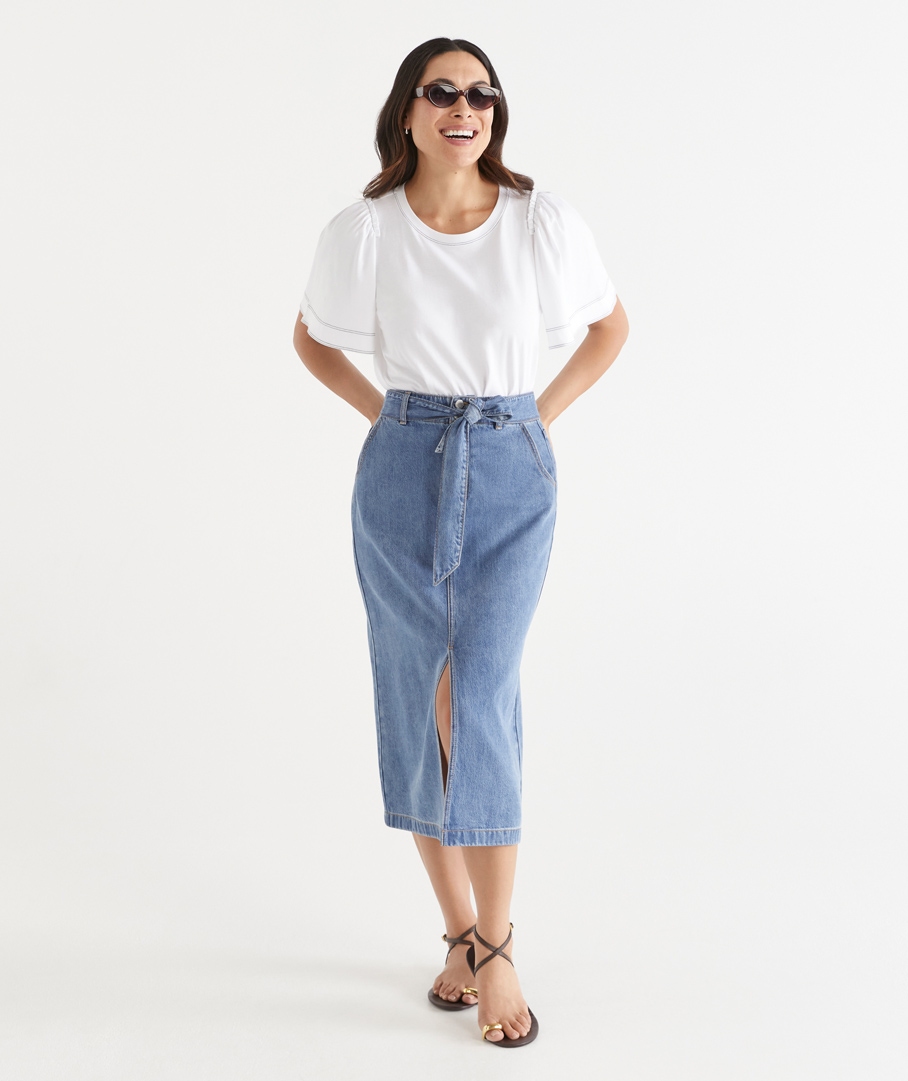 Tie Front Denim Midi Skirt