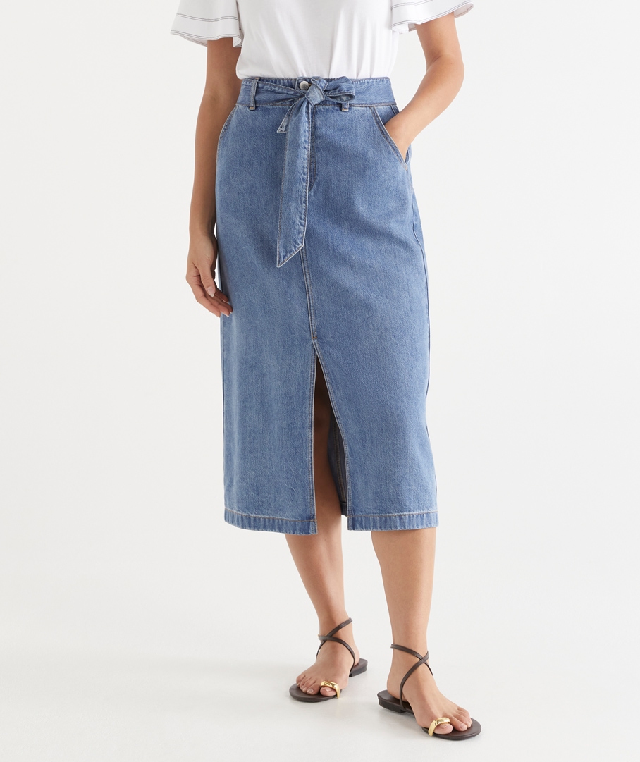 Tie Front Denim Midi Skirt