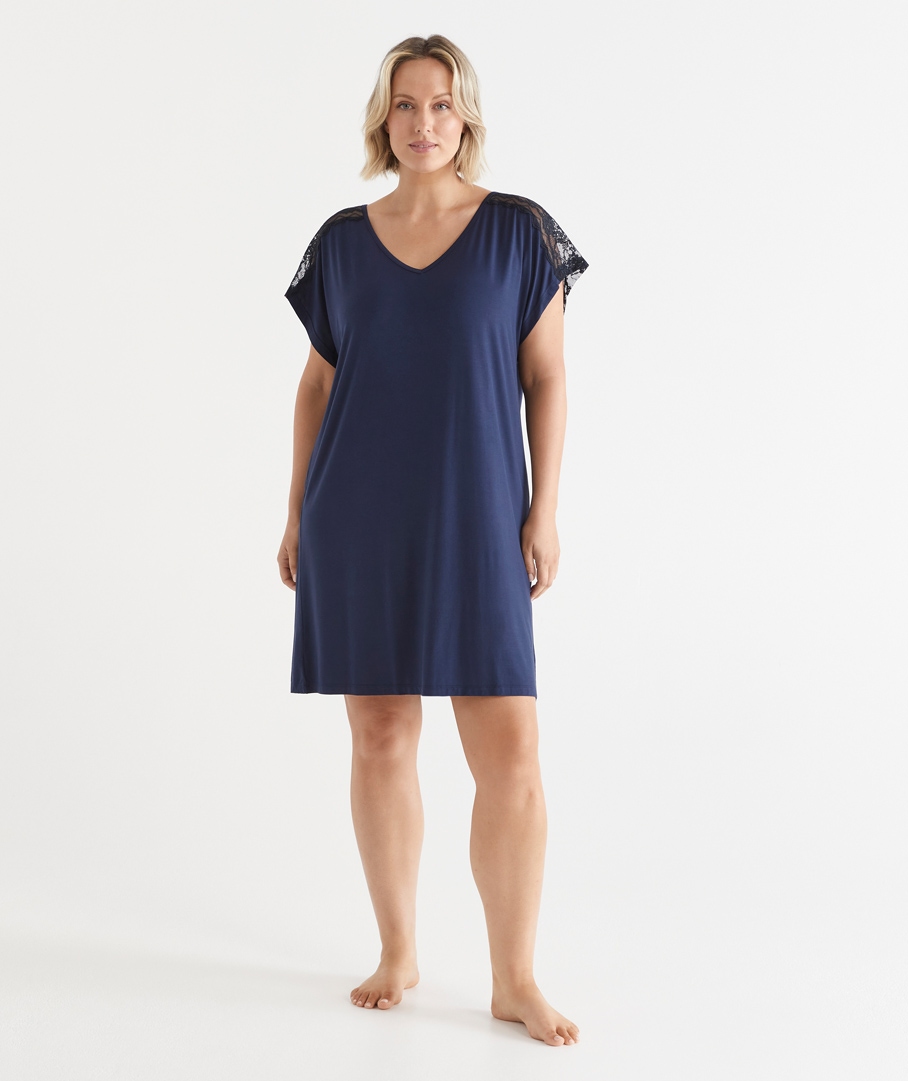 Short Sleeve Navy Lace Nightie