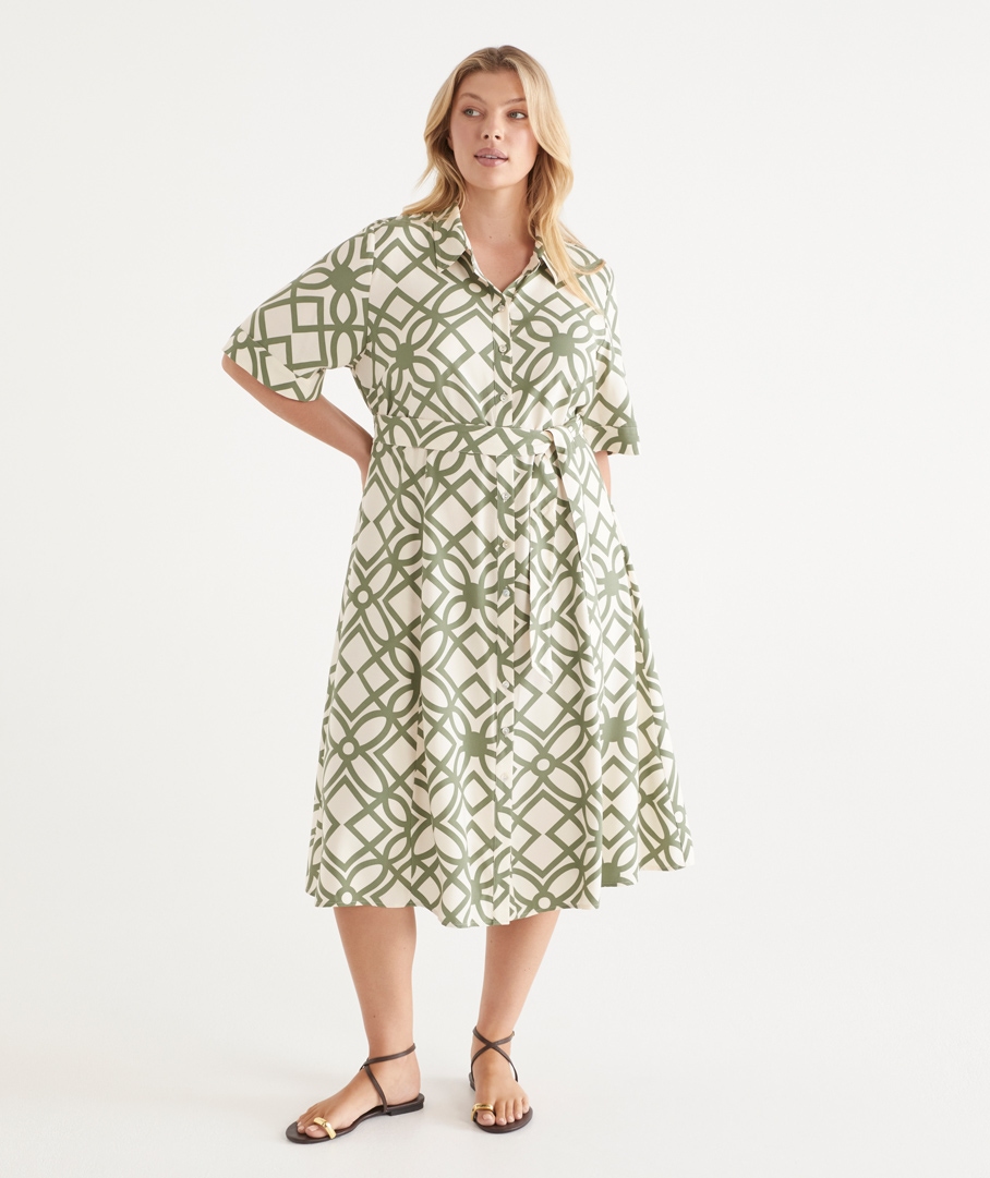 Geometric Print Belted Shirt Midi Dress