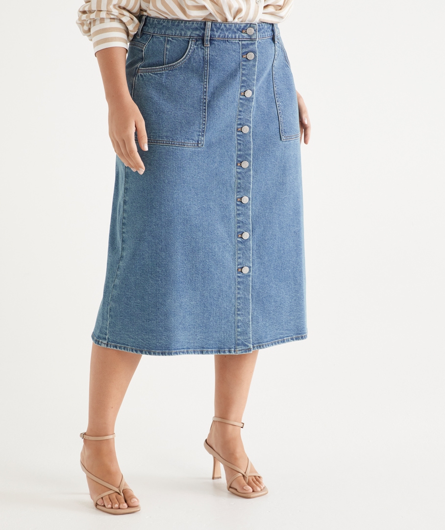 Button Through Denim Midi Skirt