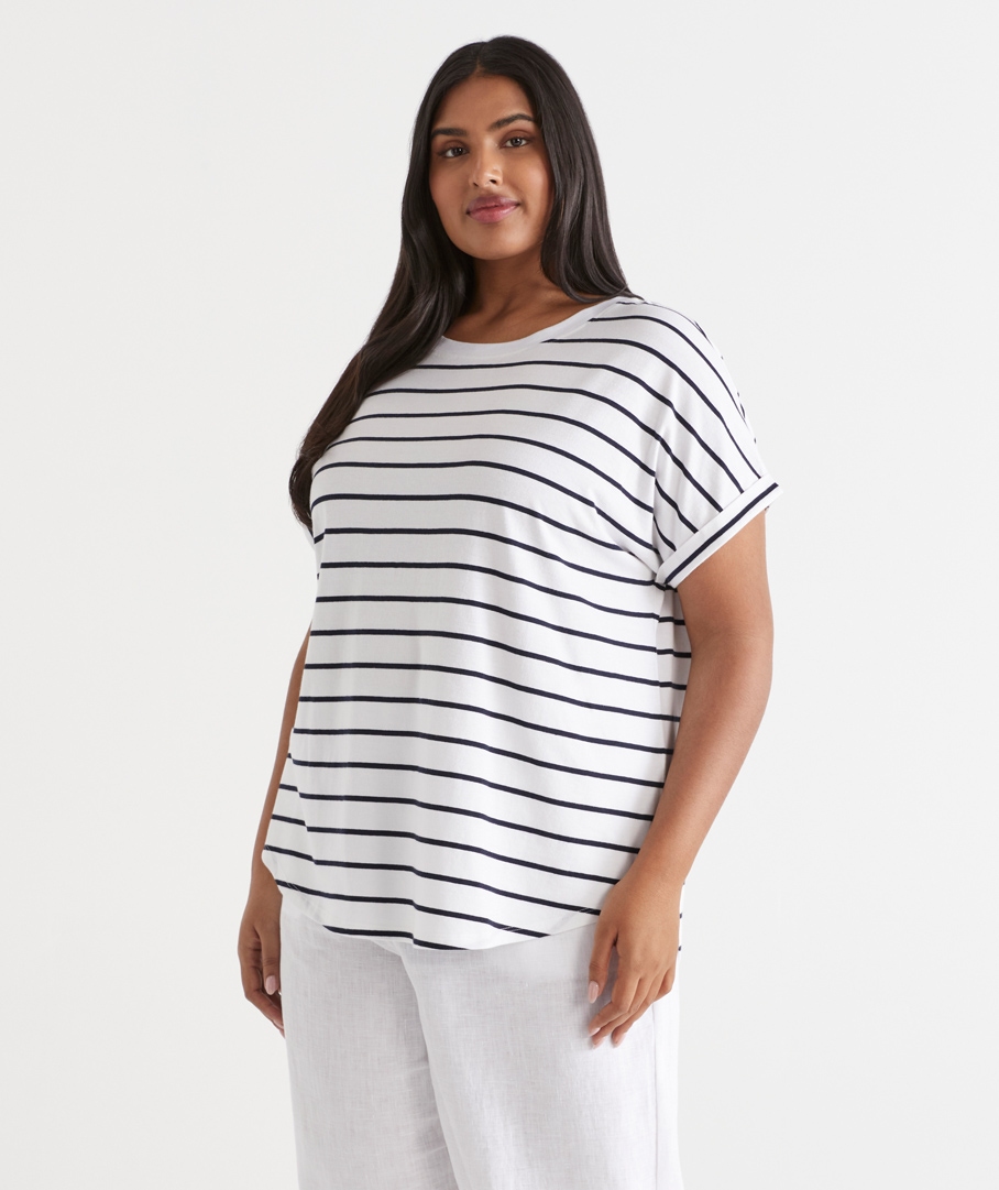 Extended Roll Cuff Stripe Tee - Navy