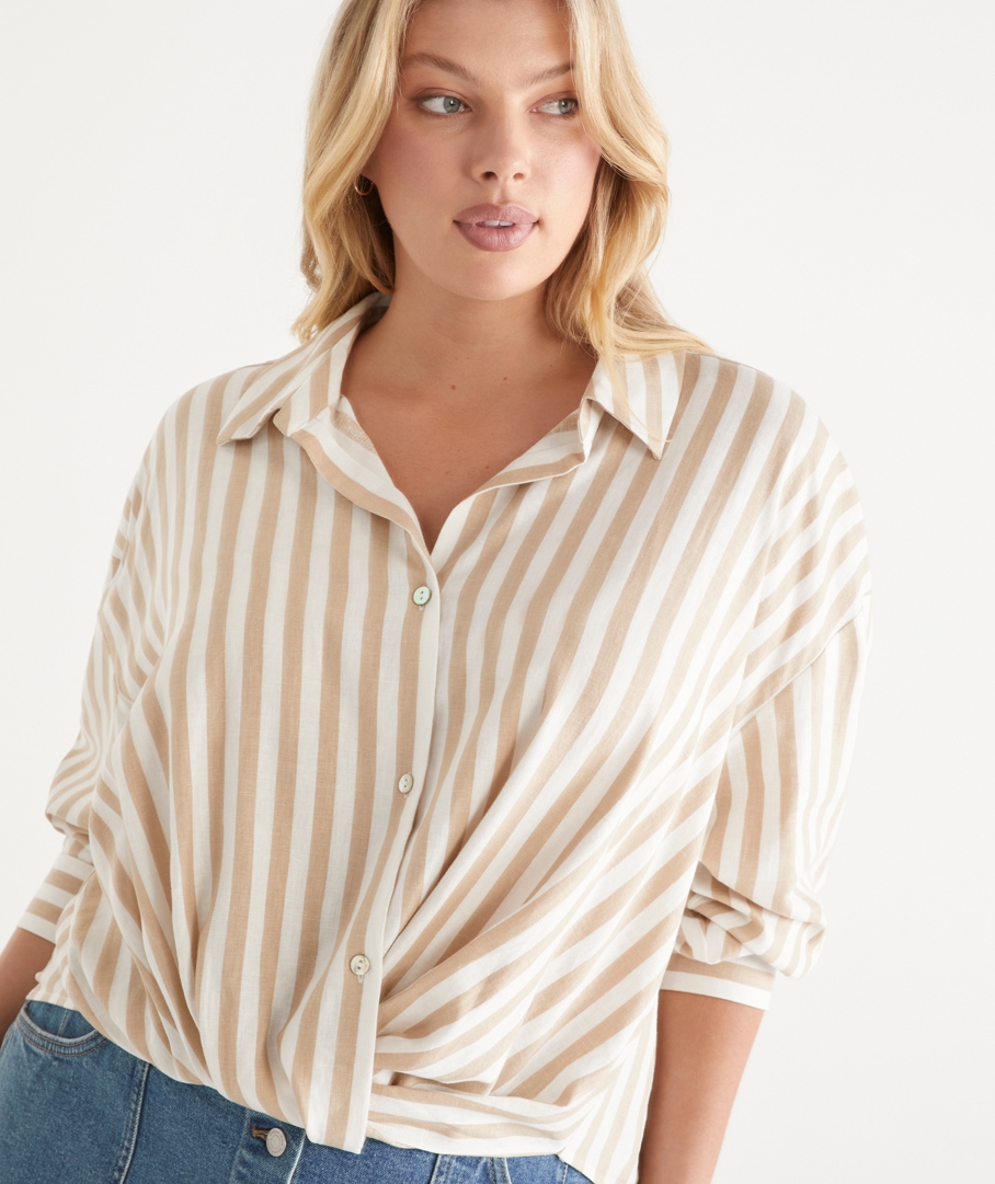 Long Sleeve Front Knot Stripe Shirt