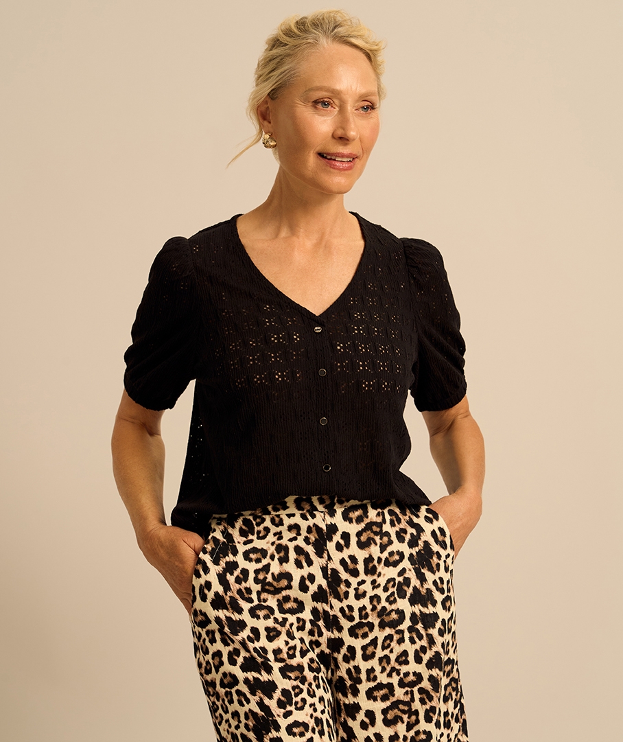 Puff Sleeve Knit Broderie Top
