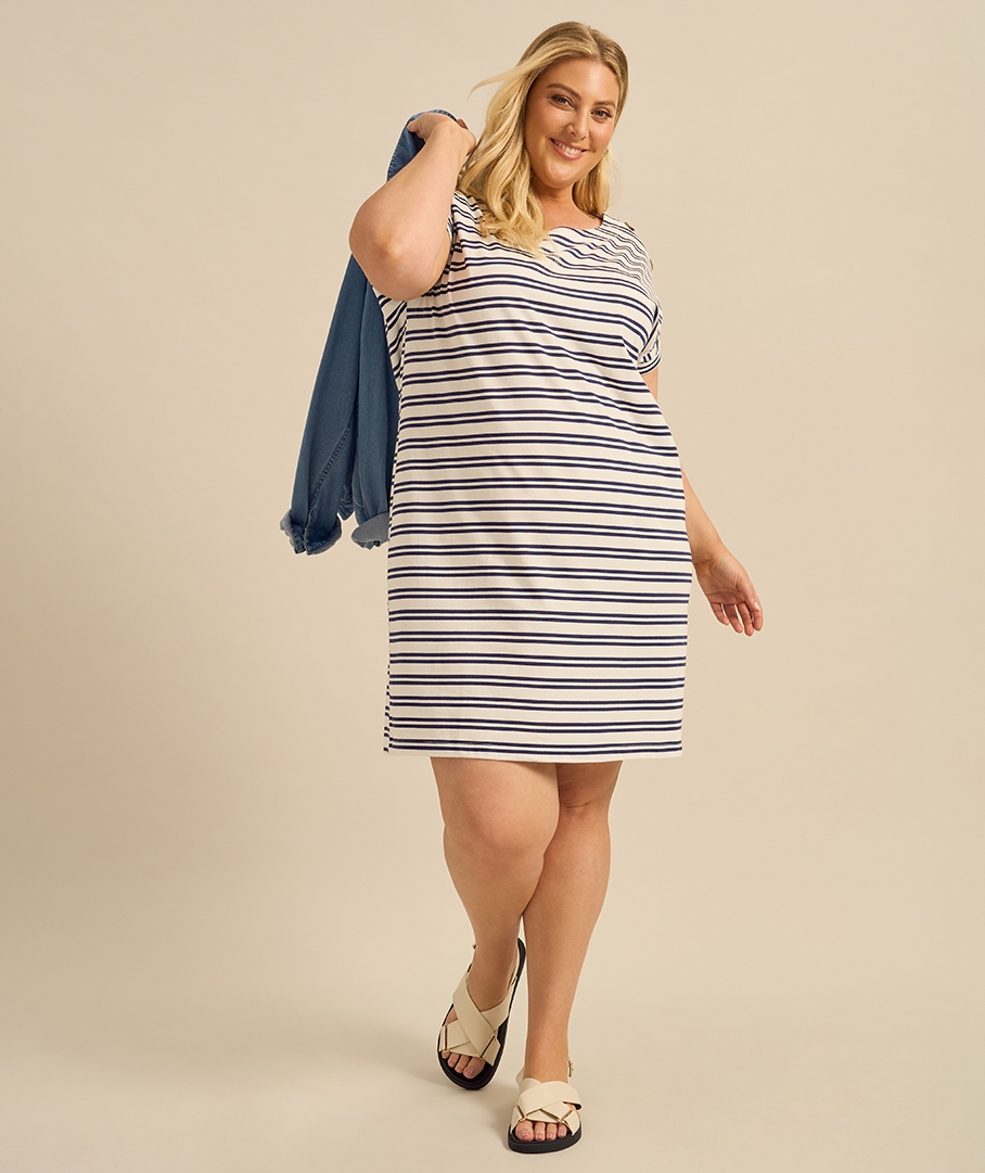 Button Shoulder Stripe T-Shirt Dress