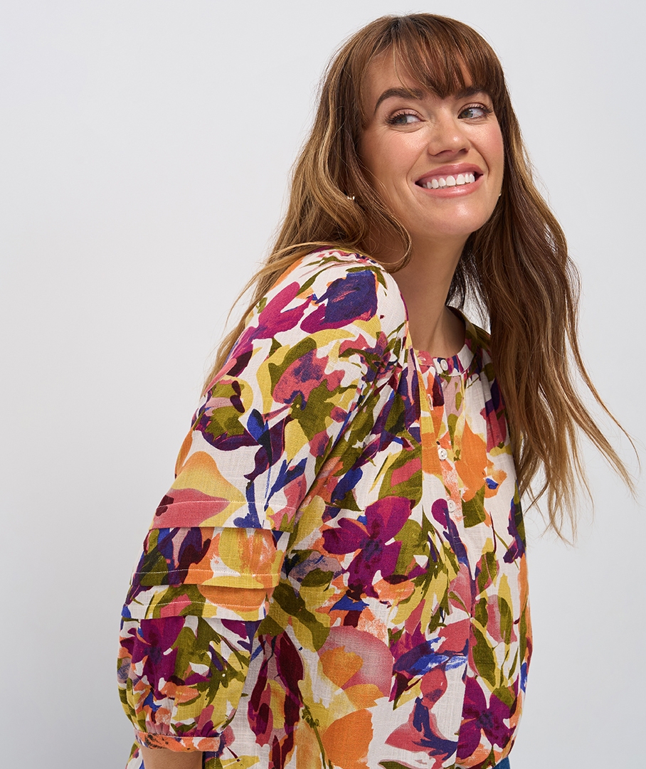 Linen Blend Print Blouse