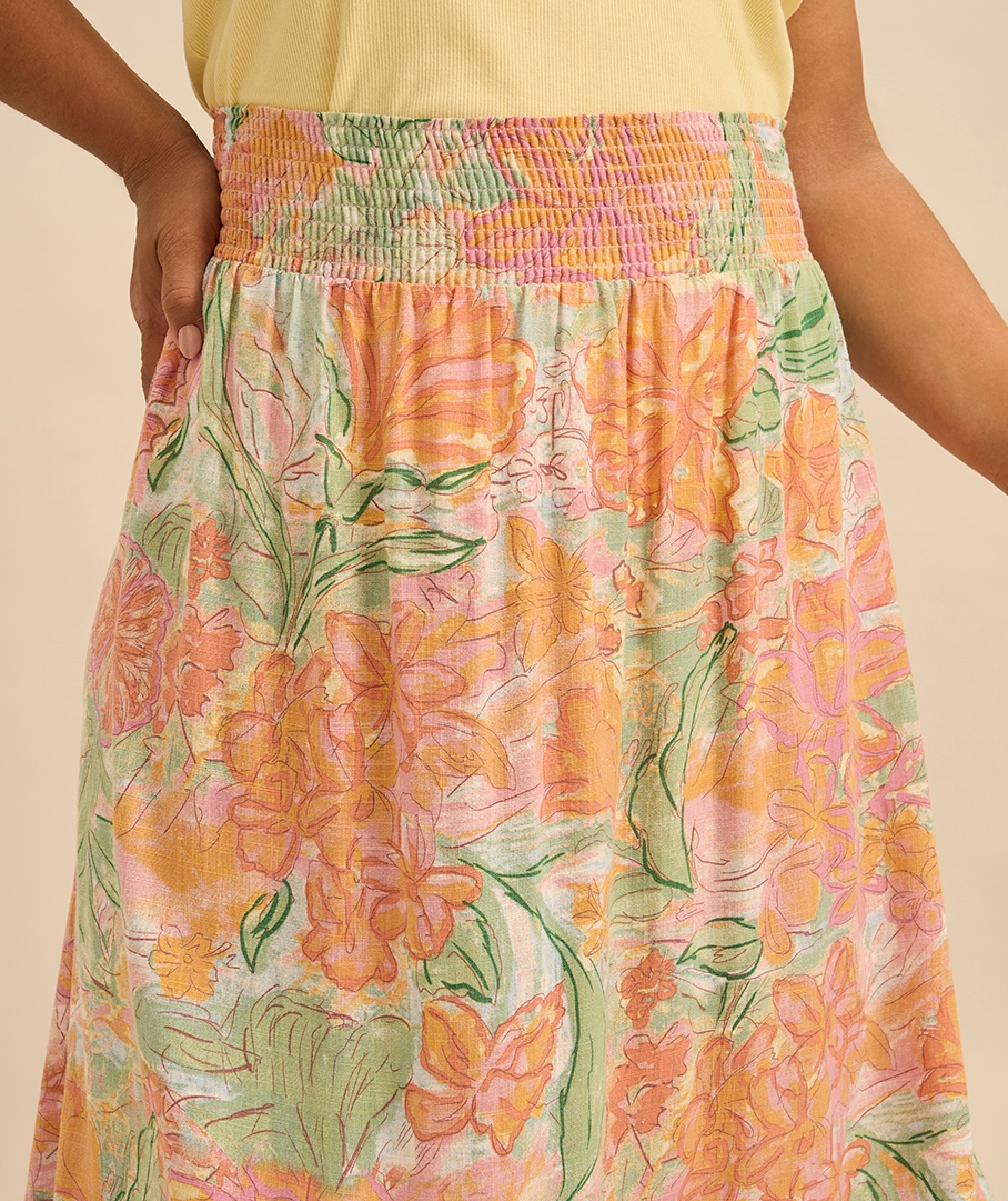 Linen Blend Print Skirt