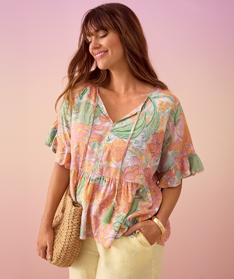 Linen Blend Print Top