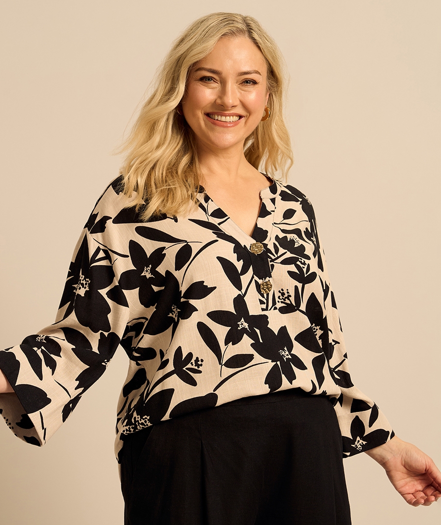 Linen Blend Print Top