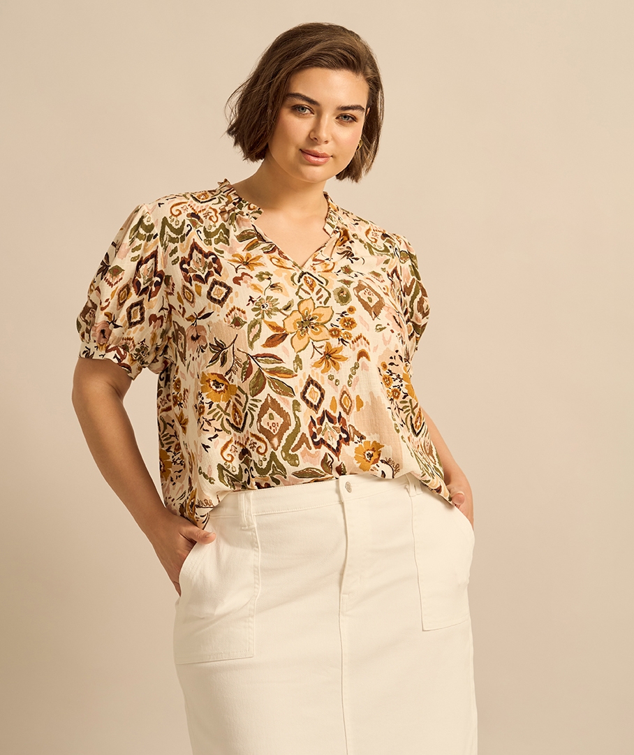 Linen Blend Print Top