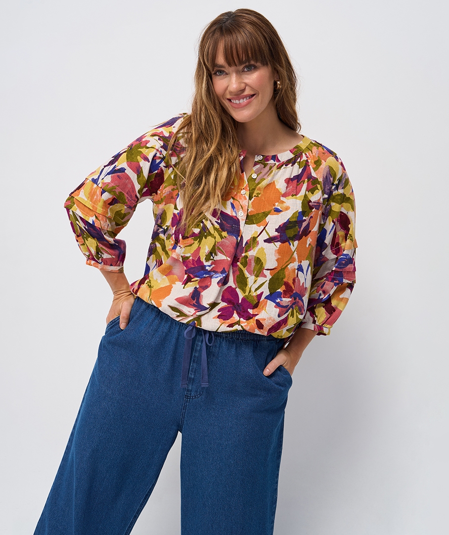 Linen Blend Print Blouse