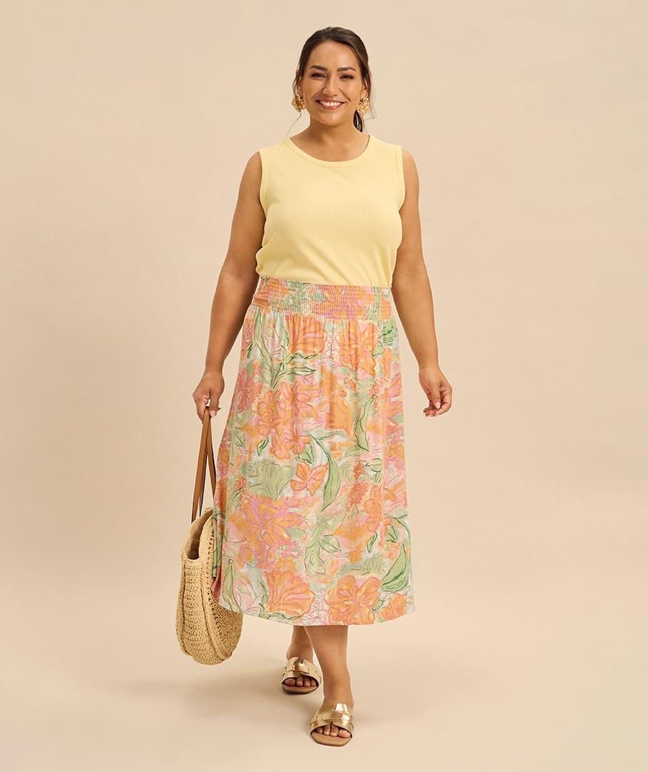Linen Blend Print Skirt