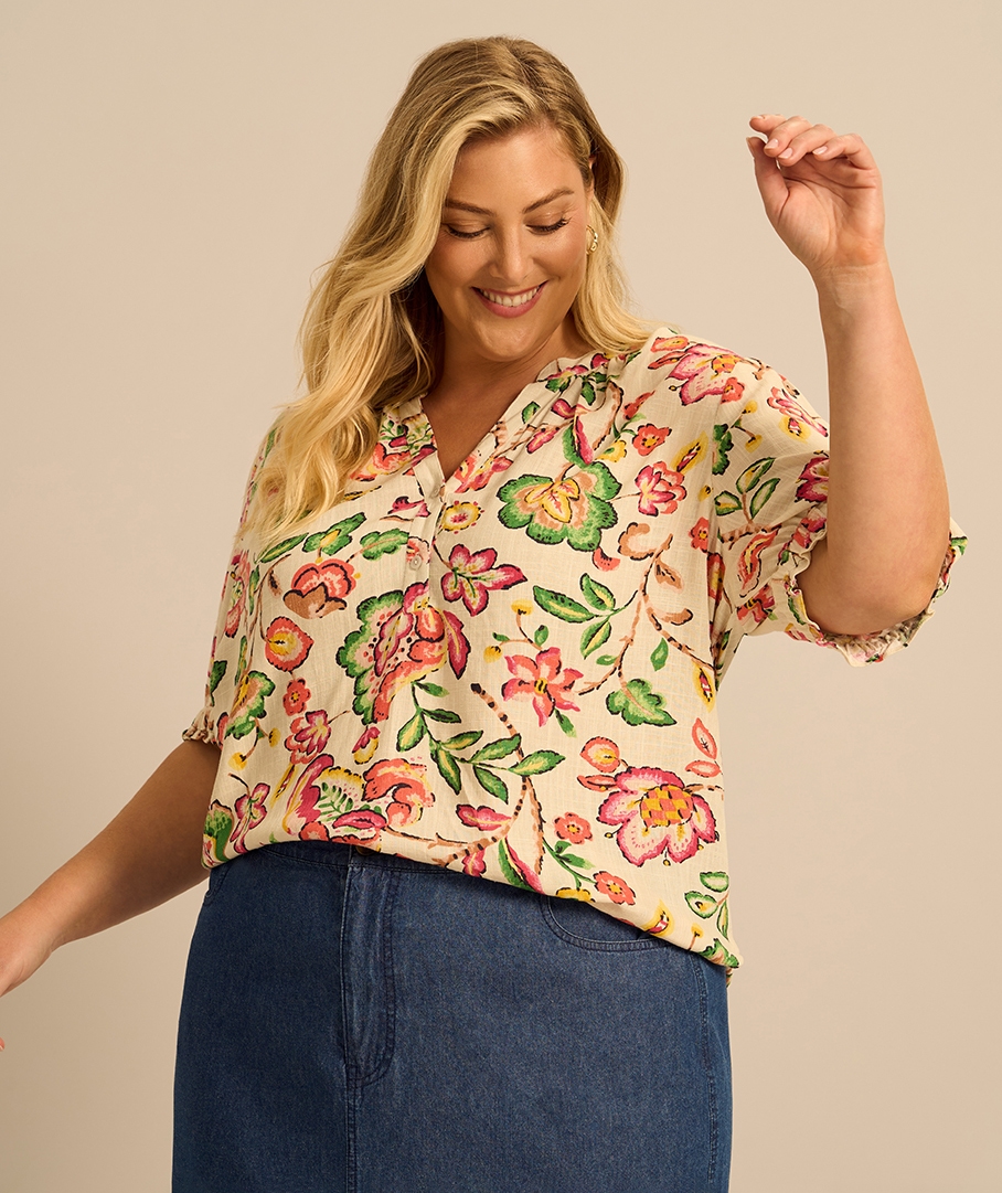 Linen Blend Print Blouse