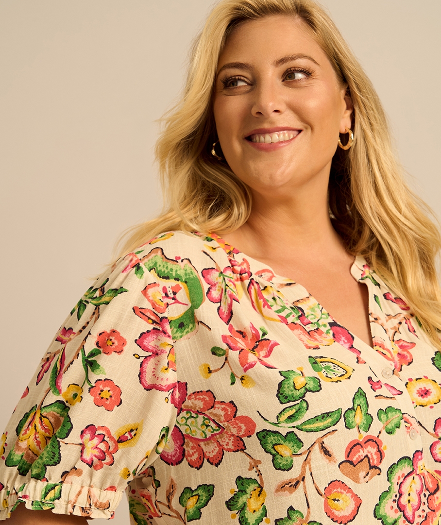 Linen Blend Print Blouse
