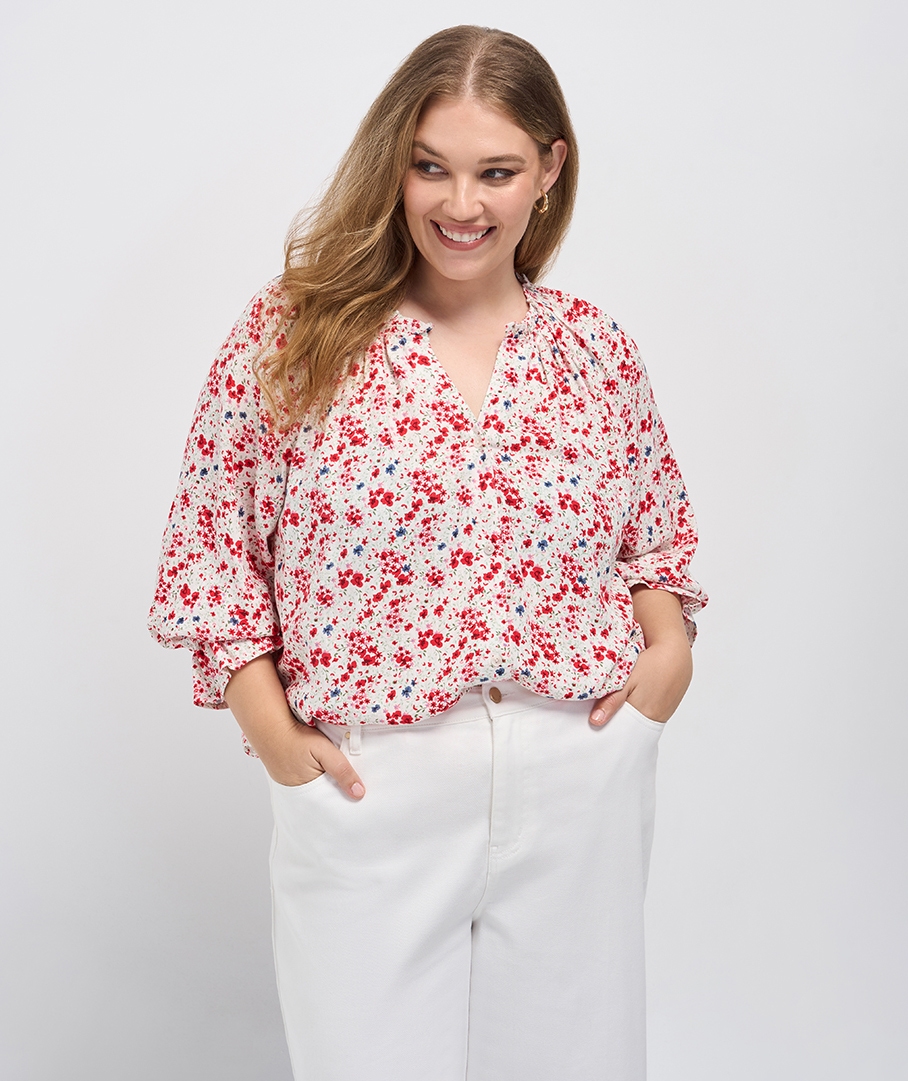 Linen Blend Floral Print Top
