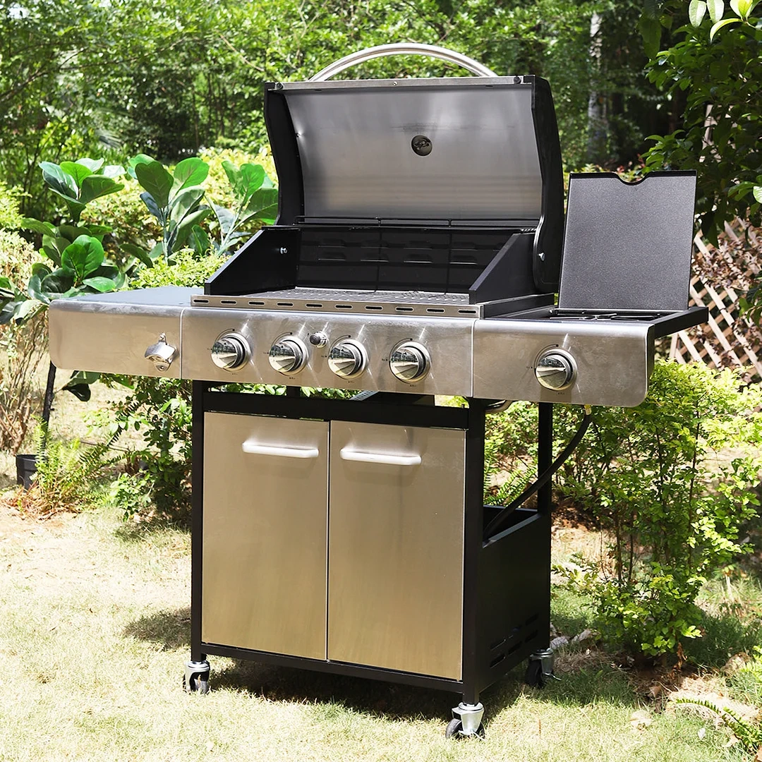 Patio Outdoor Portable Propane BBQ Gas Grill with 4 * 8000 BTU Grilling Burners and 10,000 Side Burner