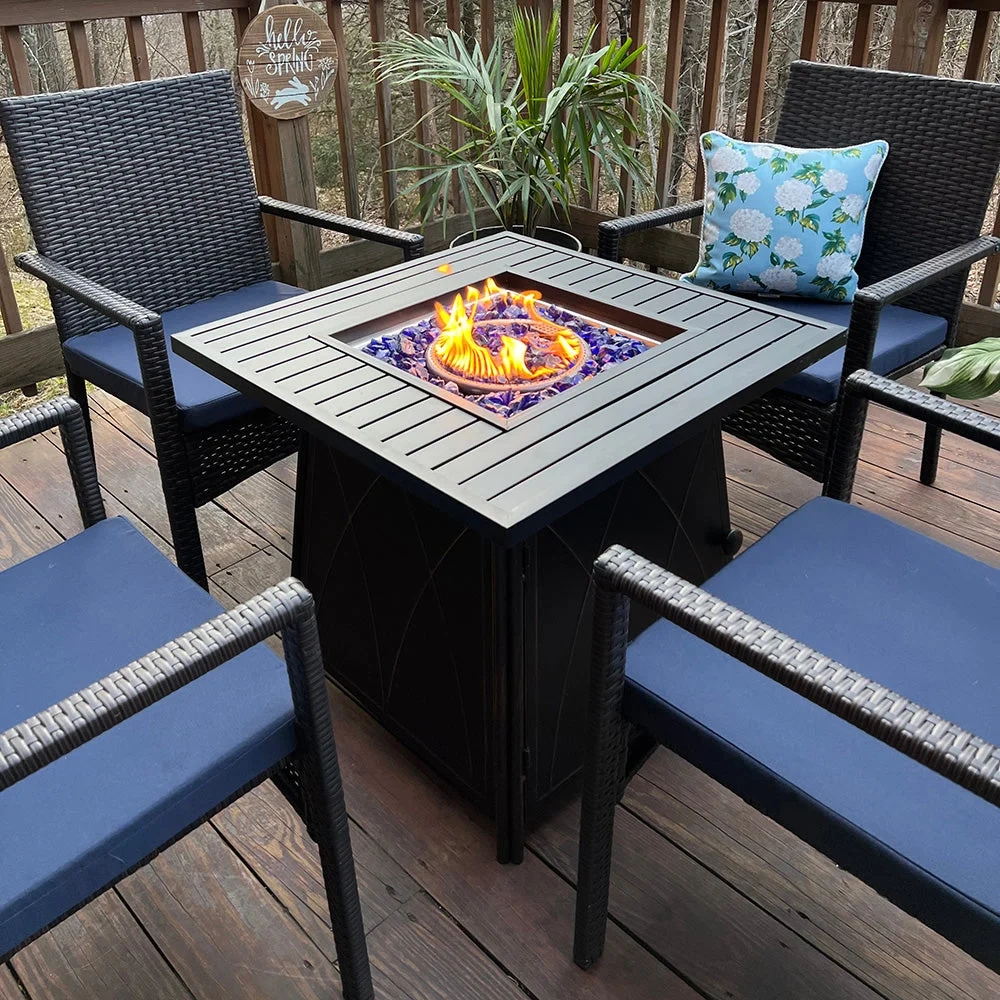 28 Inch 50,000BTU Patio Metal Gas Fire Pit Table With Lid & Blue Fire Glass
