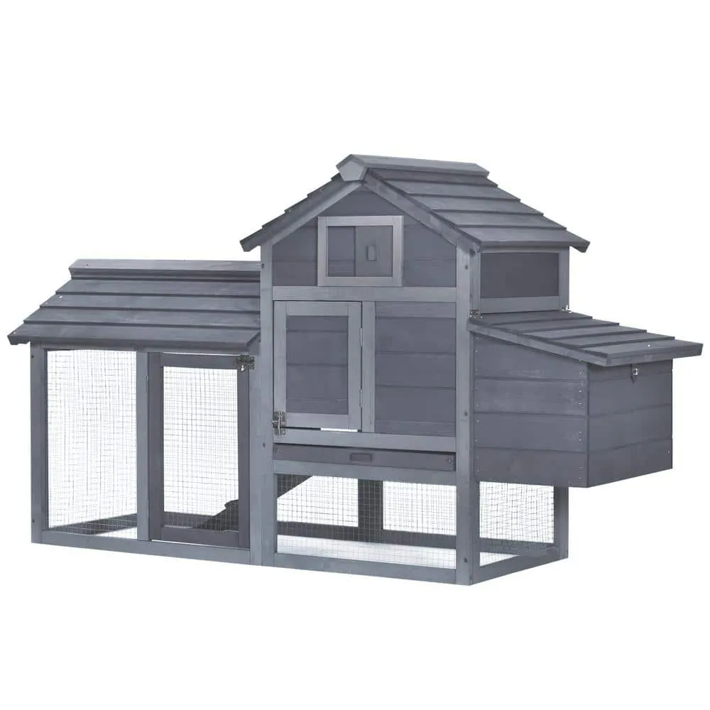 Grey Small Solid Wood In Ground Poultry Cage with 2 Doors Nesting Box and Removable Tray D51-108GY