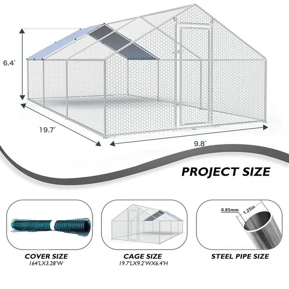 Tidoin 19.69 ft. W x 9.84 ft. D x 6.56 ft. H 0.00444-Acre Metal In-Ground Chicken Coop with 1 Door and Sharp Top QCL-YDW8-002