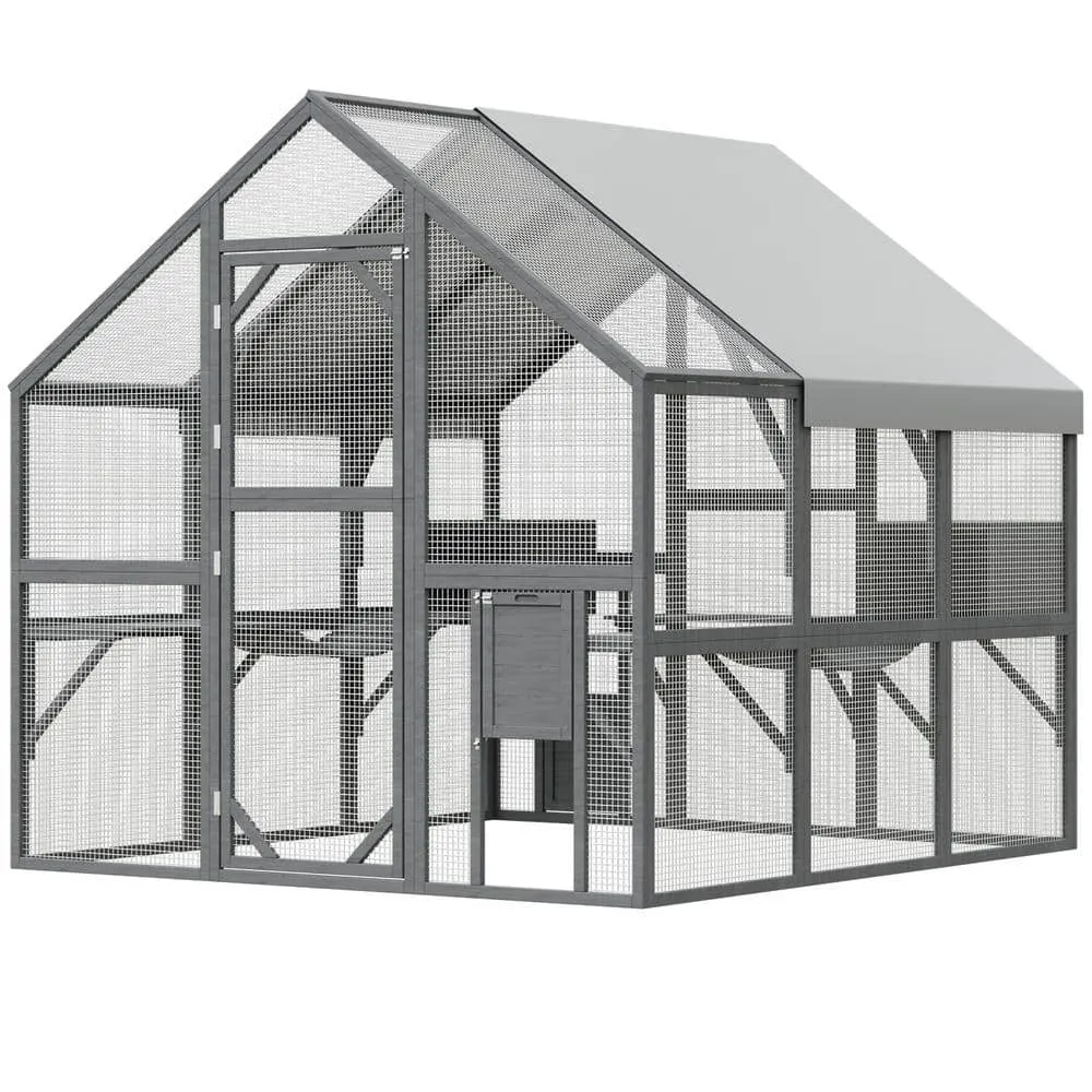 FUFUGAGA 73.3 in x 73.9 in 110.2 in Large Wooden Outdoor Hen House with Run for Chickens Gray Y-THD-150158-0304-ccc