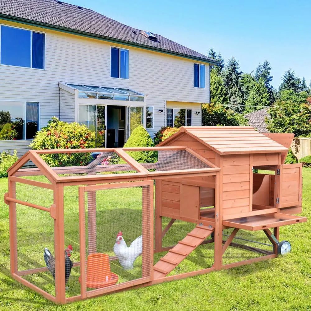 Natural Wooden 0.07-Acre In-Ground Poultry Cage with Wheels Outdoor Run and Nesting Box Natural D3-0025
