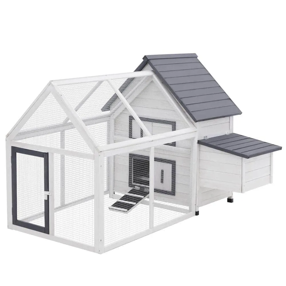 Grey and White Wooden 0.07-Acre In-Ground Poultry Cage with Nesting Box Ramp Run D51-102