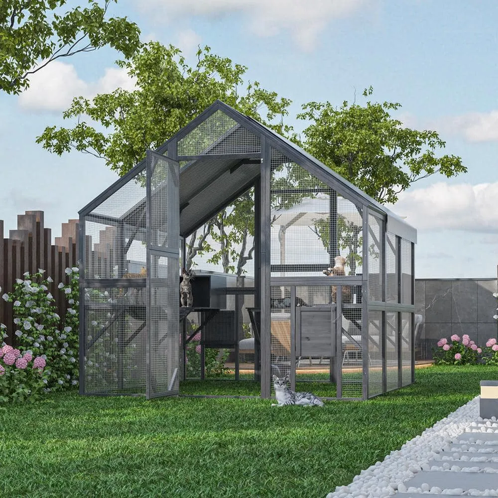 FUFUGAGA 73.3 in x 73.9 in 110.2 in Large Wooden Outdoor Hen House with Run for Chickens Gray Y-THD-150158-0304-ccc