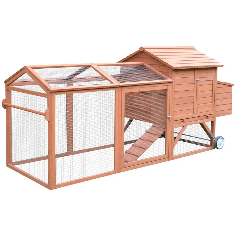 Natural Wooden 0.07-Acre In-Ground Poultry Cage with Wheels Outdoor Run and Nesting Box Natural D3-0025