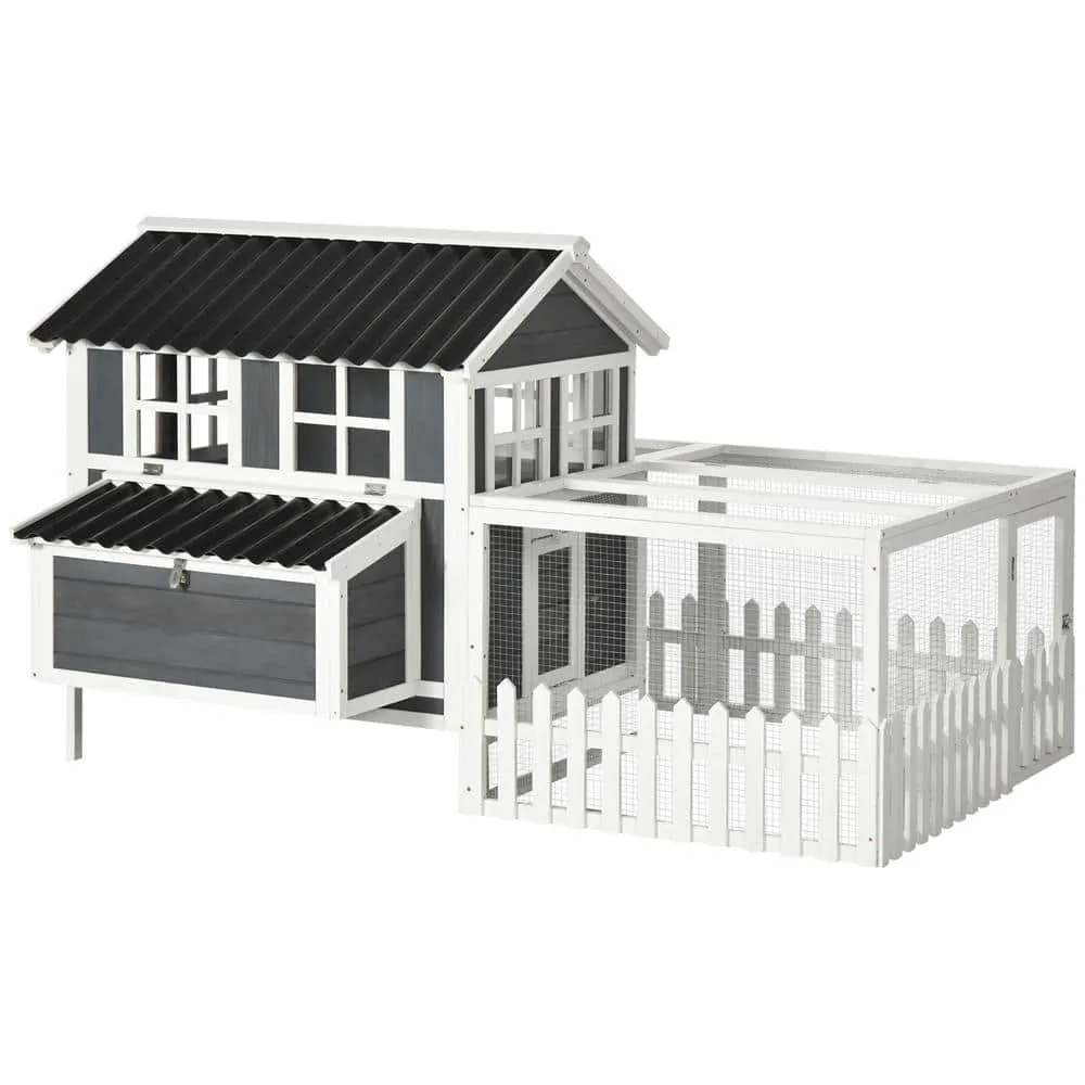 Wooden Chicken Coop with Run for 4 - 6 Chickens 68 in. x 59 in. x 42 in. Gray D51-348V00CG