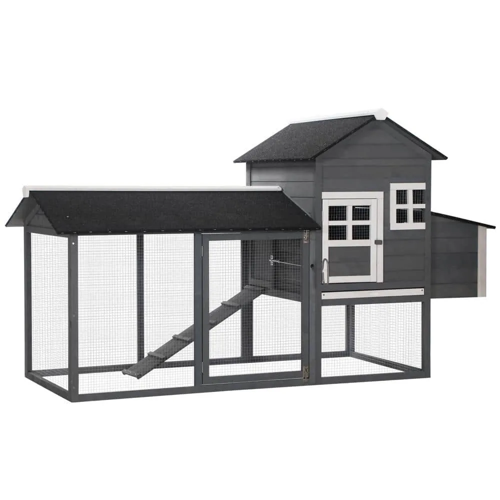 84 in. Grey Wooden Chicken House 12000-Acre In-Ground Chicken Coop wCovered Big Run Poultry Fencing and Perches D51-029GY