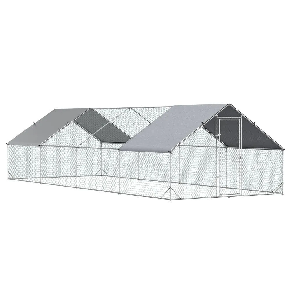 10 ft. x 26 ft. x 6.5 ft. Large Outdoor Silver Metal 0.006-Acre In-Ground Chicken Coop with Cover and Lockable Door D51-277V03